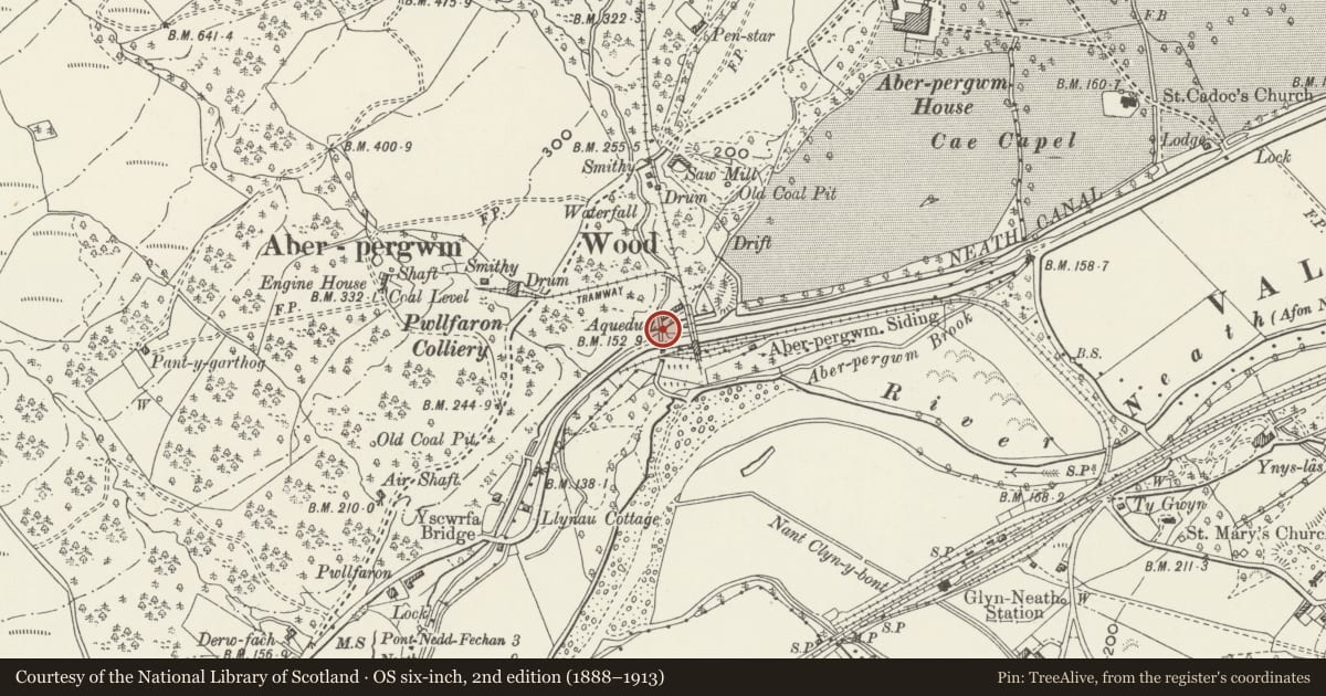 Ordnance Survey six-inch map, 2nd edition (1888–1913) covering the location of Aberpergwm Aqueduct over Neath Canal, Glynneath, Neath Port Talbot, with a pin at the register's coordinates
