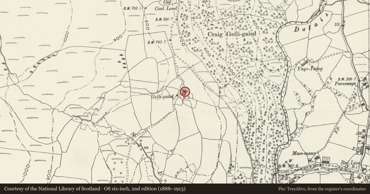 Ordnance Survey six-inch map, 2nd edition (1888–1913) covering the location of Gelli Galed Farmhouse, Crynant, Neath Port Talbot, with a pin at the register's coordinates