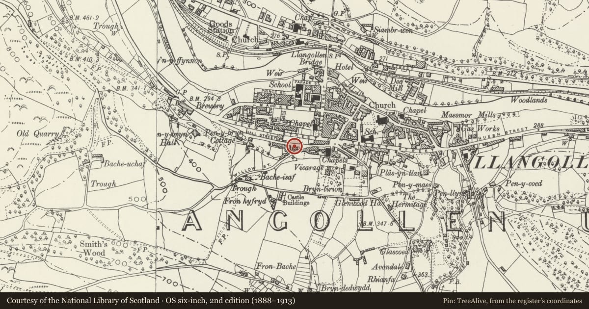 Ordnance Survey six-inch map, 2nd edition (1888–1913) covering the location of 21 Hall Street, Llangollen, Denbighshire, with a pin at the register's coordinates