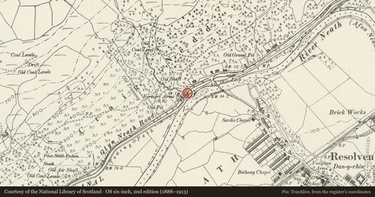 Ordnance Survey six-inch map, 2nd edition (1888–1913) covering the location of Farmer's Arms aqueduct over the Neath Canal, Resolven, Neath Port Talbot, with a pin at the register's coordinates