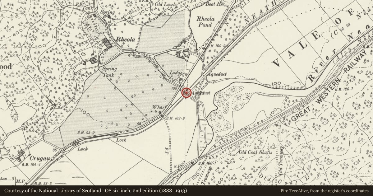 Ordnance Survey six-inch map, 2nd edition (1888–1913) covering the location of Rheola Brook Aqueduct, Glynneath, Neath Port Talbot, with a pin at the register's coordinates