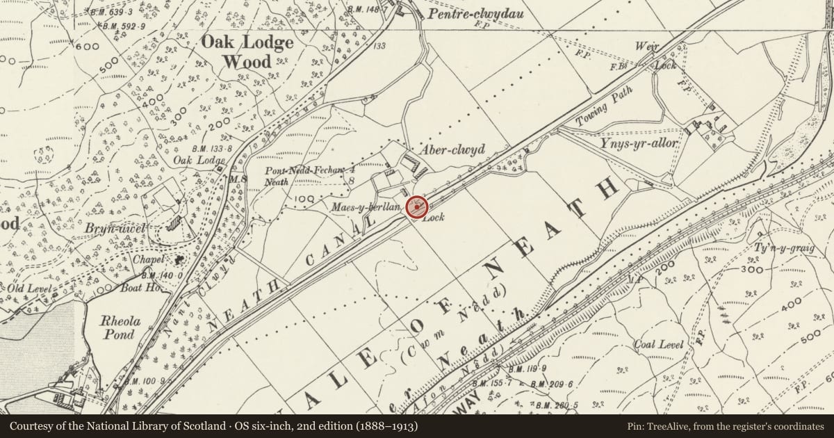 Ordnance Survey six-inch map, 2nd edition (1888–1913) covering the location of Aber-clwyd lock and overflow on Neath Canal, Glynneath, Neath Port Talbot, with a pin at the register's coordinates