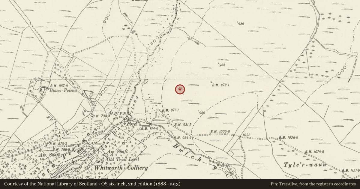 Ordnance Survey six-inch map, 2nd edition (1888–1913) covering the location of Scotch Fald, Pelenna, Neath Port Talbot, with a pin at the register's coordinates