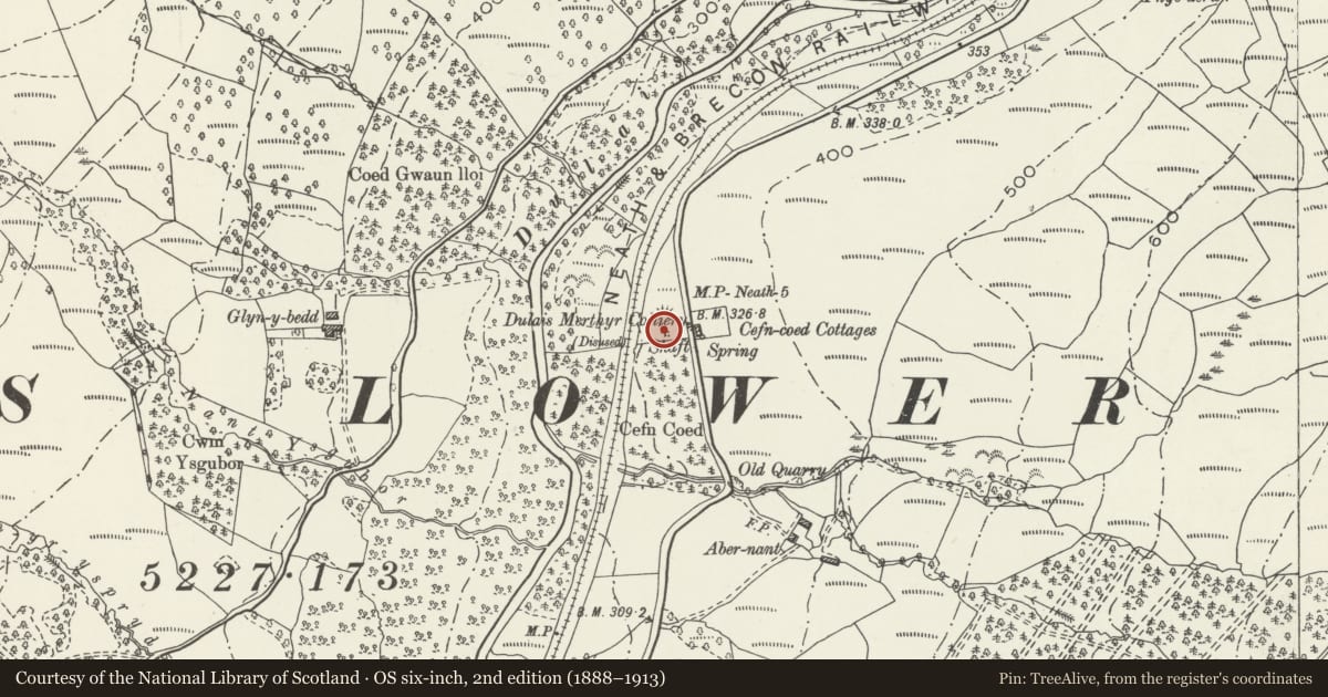 Ordnance Survey six-inch map, 2nd edition (1888–1913) covering the location of Cefn Coed Colliery, No. 2 Shaft Headframe, Crynant, Neath Port Talbot, with a pin at the register's coordinates