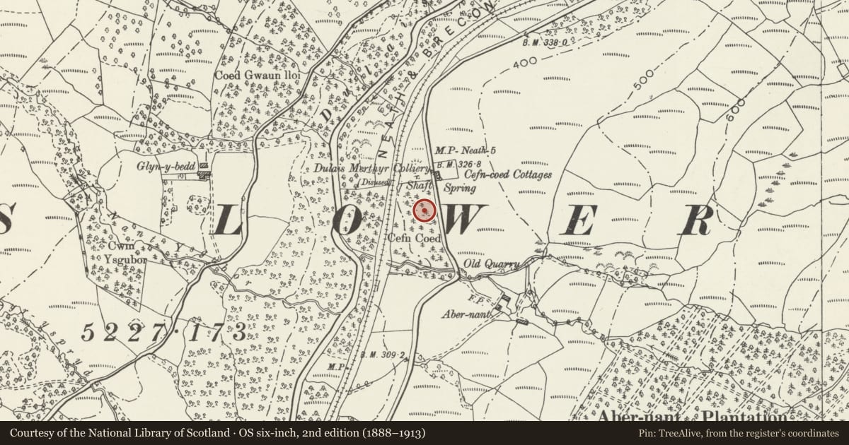 Ordnance Survey six-inch map, 2nd edition (1888–1913) covering the location of Cefn Coed Colliery Boilerhouse, Crynant, Neath Port Talbot, with a pin at the register's coordinates