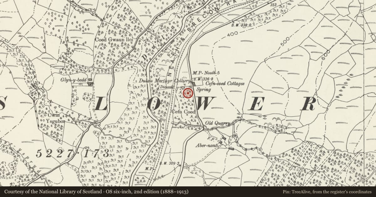 Ordnance Survey six-inch map, 2nd edition (1888–1913) covering the location of Cefn Coed Colliery Pump House, Crynant, Neath Port Talbot, with a pin at the register's coordinates
