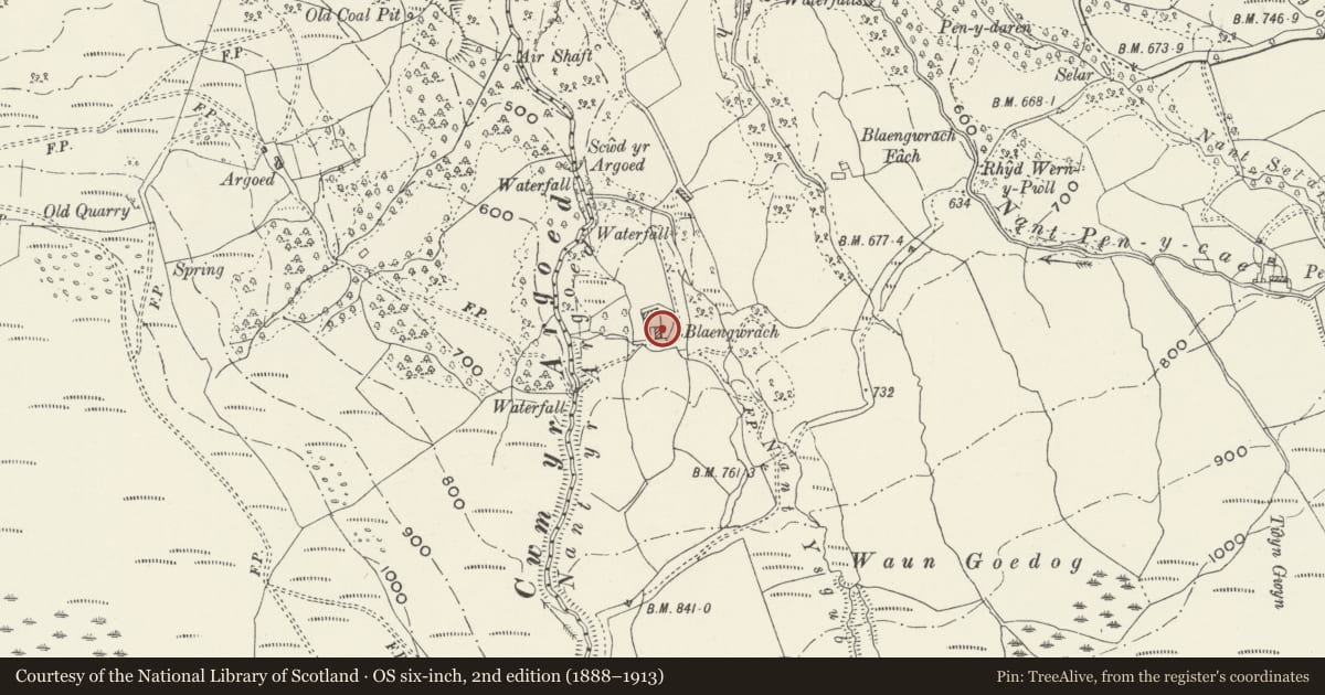 Ordnance Survey six-inch map, 2nd edition (1888–1913) covering the location of Blaengwrach Farmhouse, Neath Port Talbot, with a pin at the register's coordinates