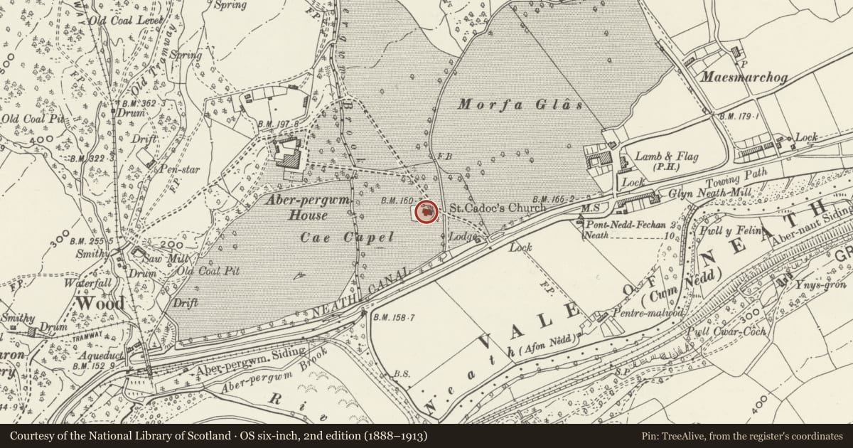 Ordnance Survey six-inch map, 2nd edition (1888–1913) covering the location of Church of Saint Cadoc, Glynneath, Neath Port Talbot, with a pin at the register's coordinates