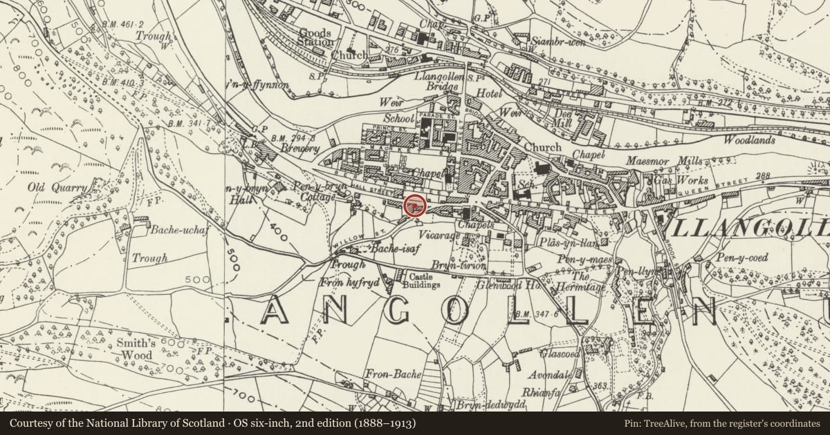 Ordnance Survey six-inch map, 2nd edition (1888–1913) covering the location of 25 Hall Street, Llangollen, Denbighshire, with a pin at the register's coordinates