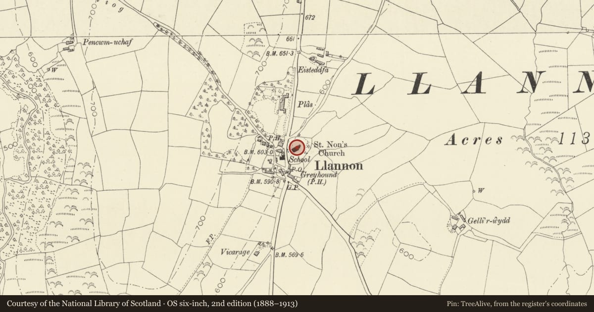 Ordnance Survey six-inch map, 2nd edition (1888–1913) covering the location of Church of St Non, Llannon, Carmarthenshire, with a pin at the register's coordinates