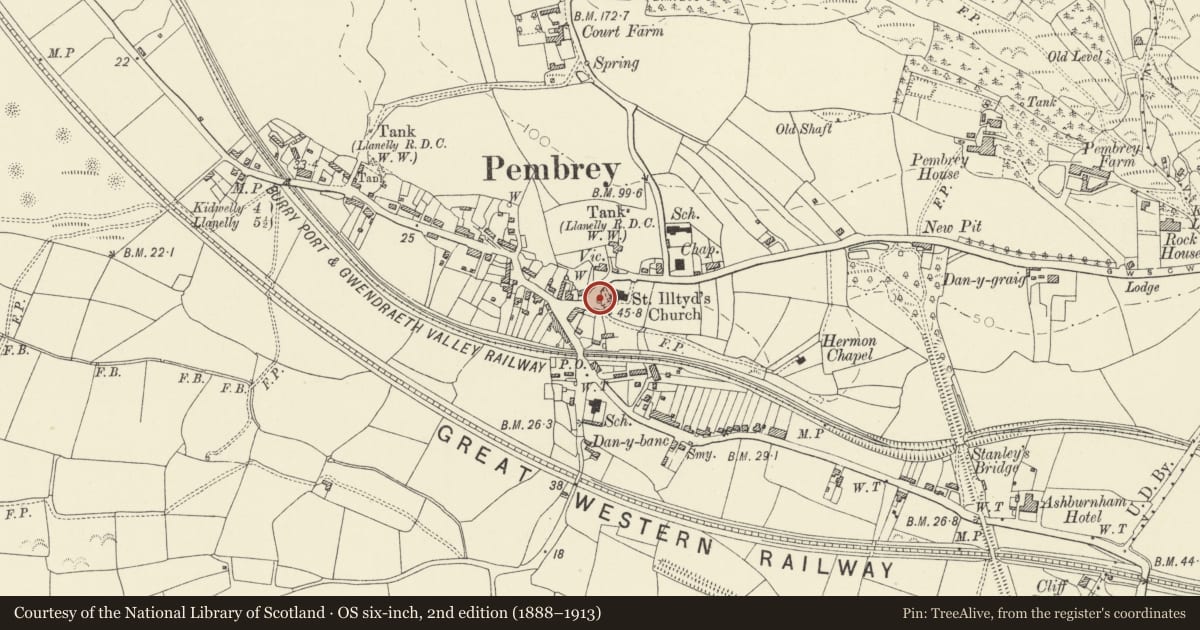 Ordnance Survey six-inch map, 2nd edition (1888–1913) covering the location of Animal Pound at Pembrey Church, Pembrey and Burry Port Town, Carmarthenshire, with a pin at the register's coordinates