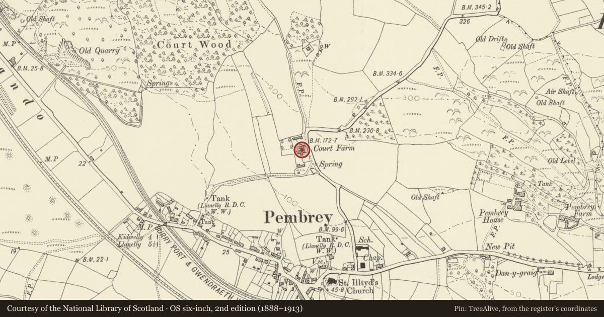 Ordnance Survey six-inch map, 2nd edition (1888–1913) covering the location of Court Farmhouse, Pembrey and Burry Port Town, Carmarthenshire, with a pin at the register's coordinates
