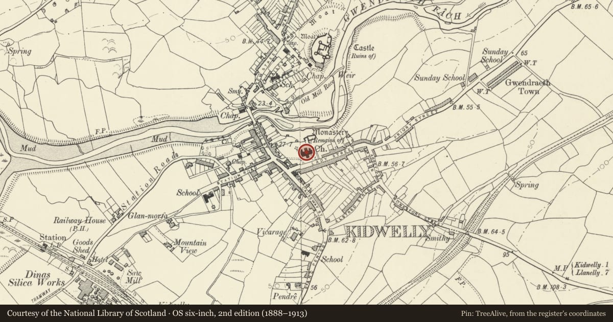 Ordnance Survey six-inch map, 2nd edition (1888–1913) covering the location of Church of Saint Mary, Kidwelly, Carmarthenshire, with a pin at the register's coordinates
