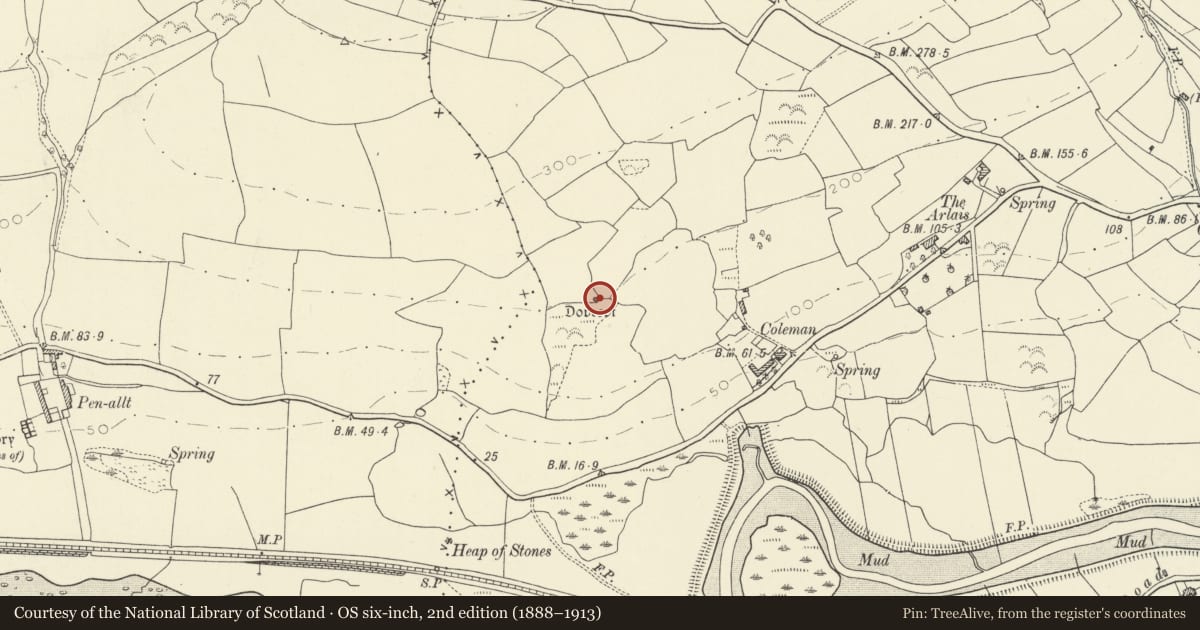 Ordnance Survey six-inch map, 2nd edition (1888–1913) covering the location of Dovecote NW of Coleman Farm, Kidwelly, Carmarthenshire, with a pin at the register's coordinates