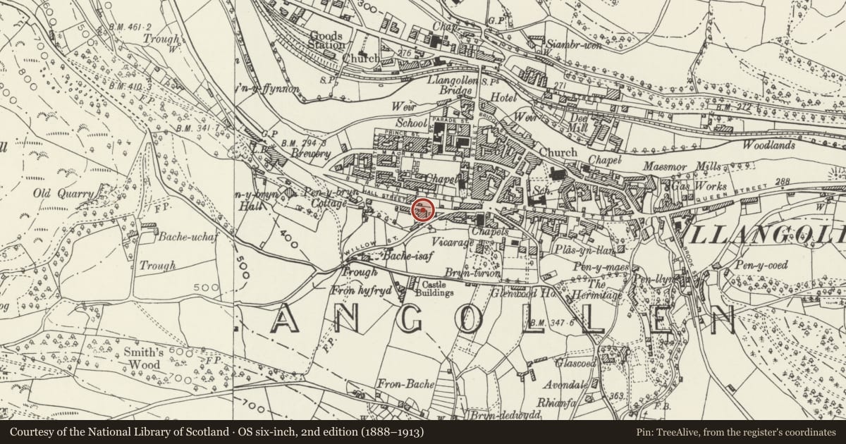 Ordnance Survey six-inch map, 2nd edition (1888–1913) covering the location of Laurel Cottage, Llangollen, Denbighshire, with a pin at the register's coordinates