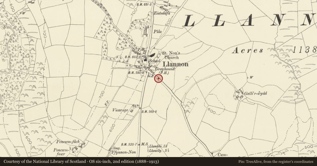 Ordnance Survey six-inch map, 2nd edition (1888–1913) covering the location of Drinking Fountain, Llannon, Carmarthenshire, with a pin at the register's coordinates