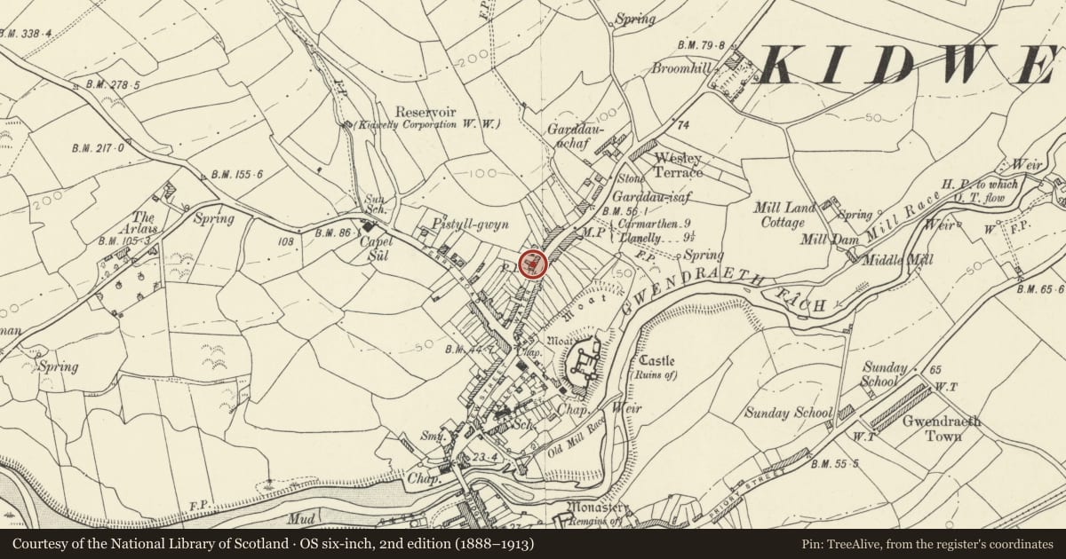 Ordnance Survey six-inch map, 2nd edition (1888–1913) covering the location of The Masons Arms, Kidwelly, Carmarthenshire, with a pin at the register's coordinates