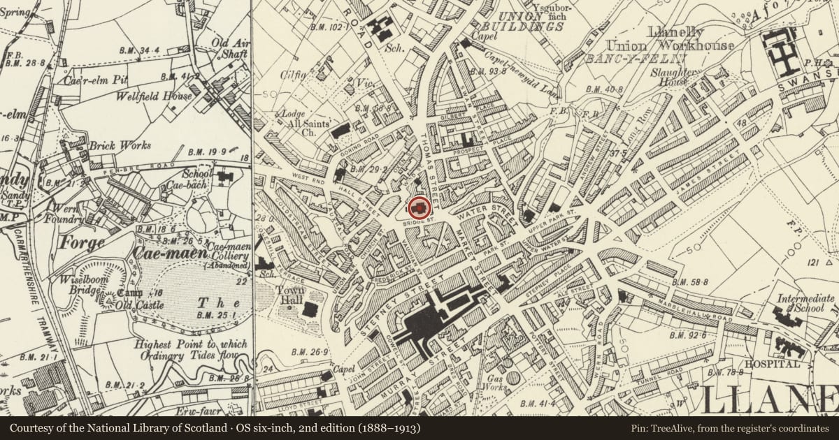 Ordnance Survey six-inch map, 2nd edition (1888–1913) covering the location of Parish Church of St. Ellyw, Llanelli, Carmarthenshire, with a pin at the register's coordinates