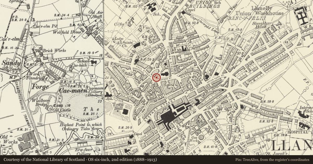 Ordnance Survey six-inch map, 2nd edition (1888–1913) covering the location of Lychgate to Churchyard of church of St Ellyw, Llanelli, Carmarthenshire, with a pin at the register's coordinates