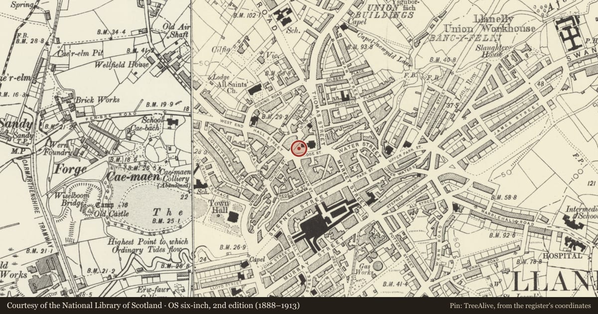 Ordnance Survey six-inch map, 2nd edition (1888–1913) covering the location of Churchyard Cross in Churchyard of St Ellyw, Llanelli, Carmarthenshire, with a pin at the register's coordinates