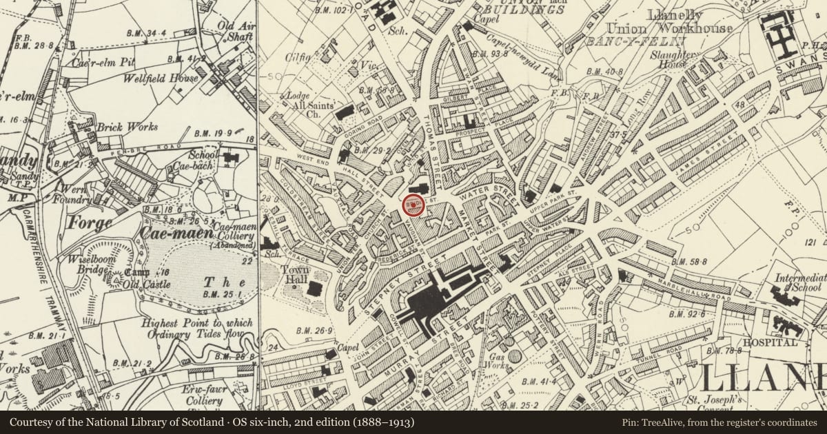Ordnance Survey six-inch map, 2nd edition (1888–1913) covering the location of Llanelly House, Llanelli, Carmarthenshire, with a pin at the register's coordinates