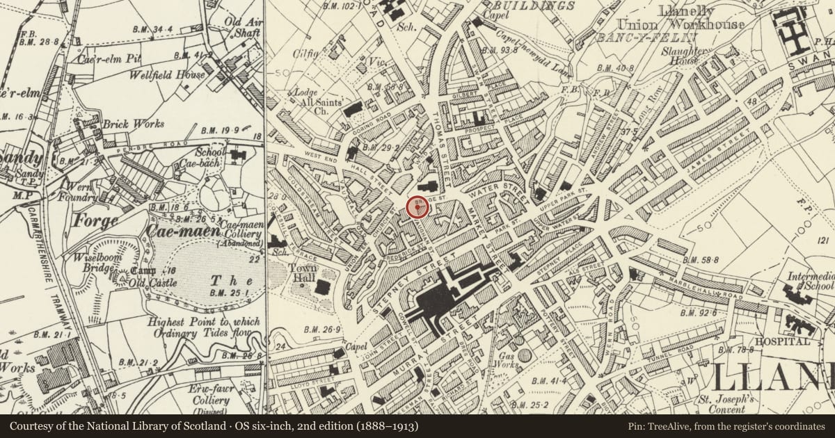 Ordnance Survey six-inch map, 2nd edition (1888–1913) covering the location of 22 Vaughan St/Bridge St, Llanelli, Carmarthenshire, with a pin at the register's coordinates