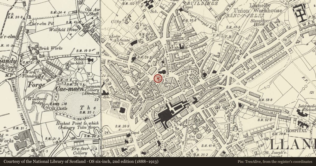 Ordnance Survey six-inch map, 2nd edition (1888–1913) covering the location of 24 Vaughan St/Bridge St, Llanelli, Carmarthenshire, with a pin at the register's coordinates
