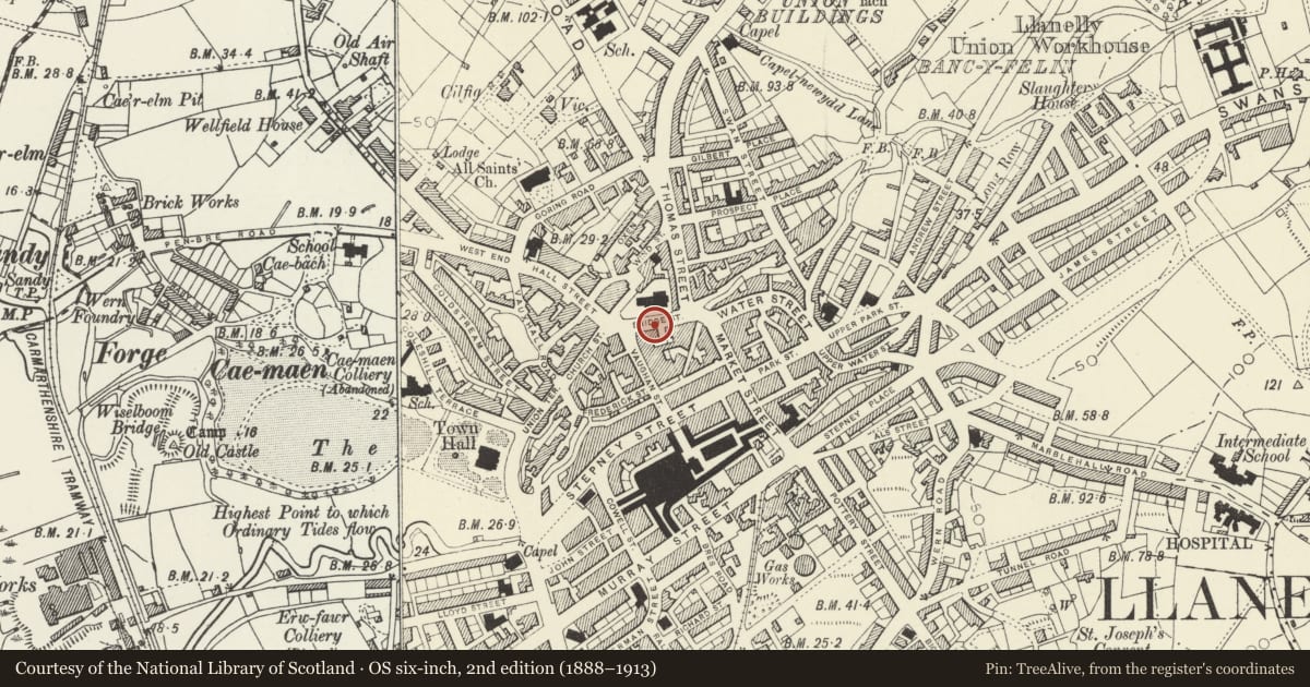 Ordnance Survey six-inch map, 2nd edition (1888–1913) covering the location of 6 Bridge Street, Llanelli, Carmarthenshire, with a pin at the register's coordinates