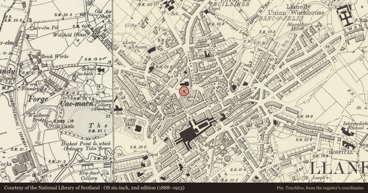 Ordnance Survey six-inch map, 2nd edition (1888–1913) covering the location of 8 Bridge Street, Llanelli, Carmarthenshire, with a pin at the register's coordinates