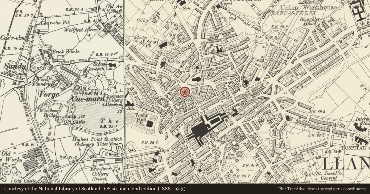 Ordnance Survey six-inch map, 2nd edition (1888–1913) covering the location of The Public Library, Llanelli, Carmarthenshire, with a pin at the register's coordinates