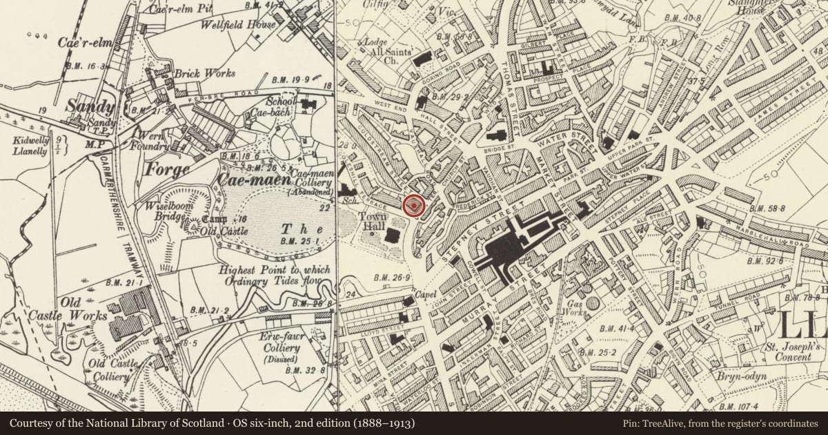 Ordnance Survey six-inch map, 2nd edition (1888–1913) covering the location of Tabernacle Chapel including forecourt Railings, Llanelli, Carmarthenshire, with a pin at the register's coordinates