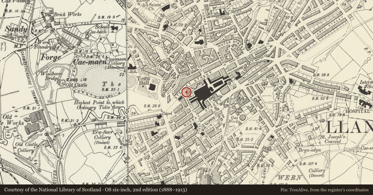 Ordnance Survey six-inch map, 2nd edition (1888–1913) covering the location of 24 Cowell Street, Llanelli, Carmarthenshire, with a pin at the register's coordinates
