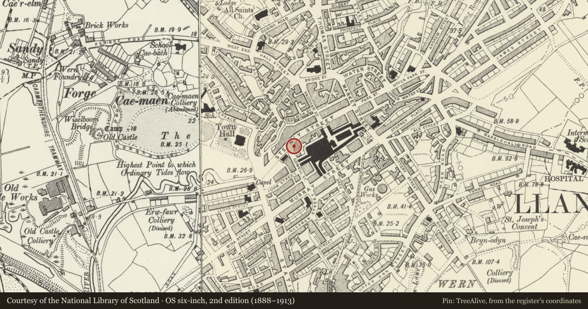 Ordnance Survey six-inch map, 2nd edition (1888–1913) covering the location of 26 Cowell Street, Llanelli, Carmarthenshire, with a pin at the register's coordinates
