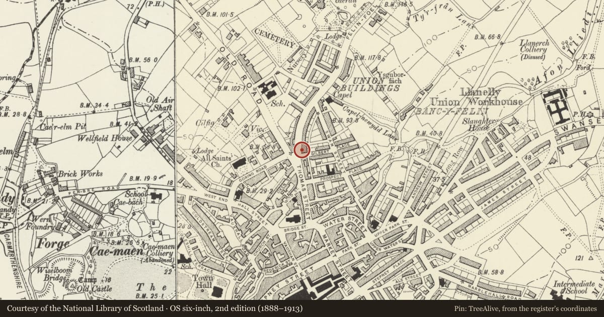 Ordnance Survey six-inch map, 2nd edition (1888–1913) covering the location of including Railings and font Terrace, Llanelli, Carmarthenshire, with a pin at the register's coordinates