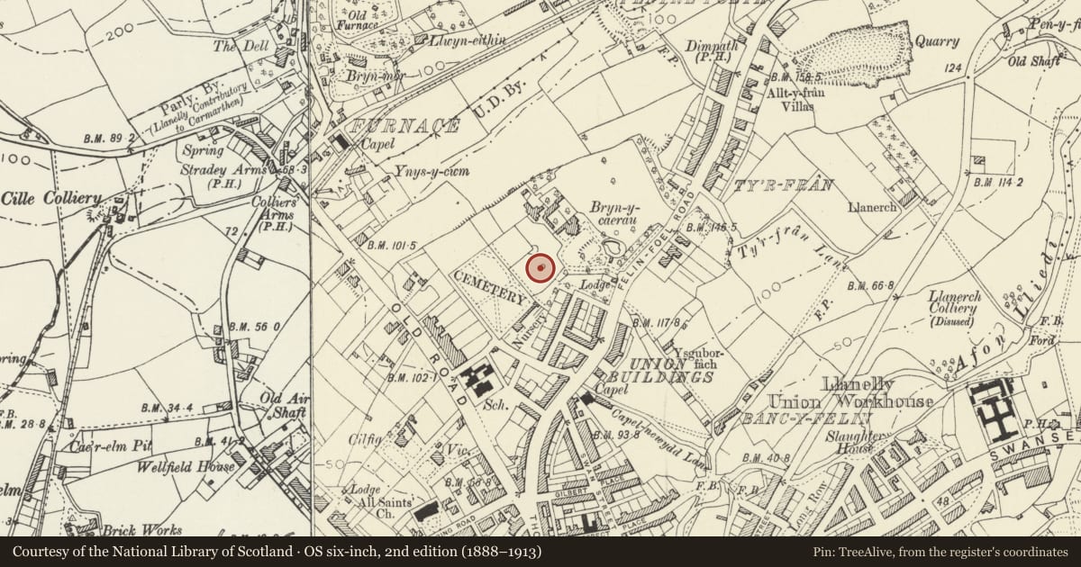 Ordnance Survey six-inch map, 2nd edition (1888–1913) covering the location of Bandstand in grounds of Parc Howard, Llanelli, Carmarthenshire, with a pin at the register's coordinates