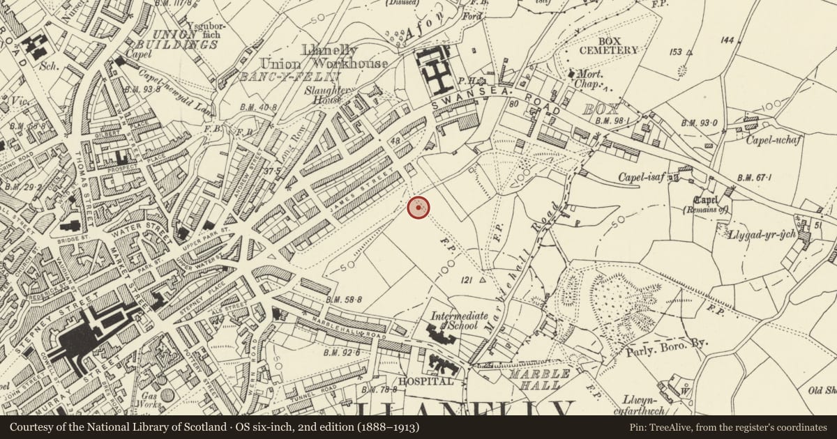 Ordnance Survey six-inch map, 2nd edition (1888–1913) covering the location of Glenalla Chapel, including forecourt gates and railings, Llanelli, Carmarthenshire, with a pin at the register's coordinates