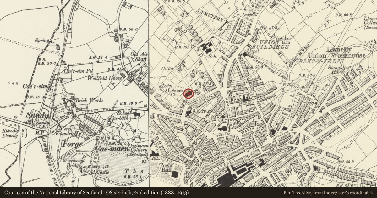 Ordnance Survey six-inch map, 2nd edition (1888–1913) covering the location of Church of All Saints, Llanelli, Carmarthenshire, with a pin at the register's coordinates