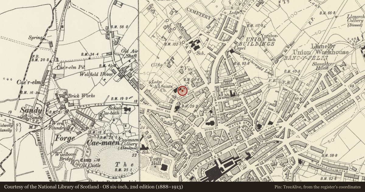 Ordnance Survey six-inch map, 2nd edition (1888–1913) covering the location of War Memorial in All Saint's Churchyard, Llanelli, Carmarthenshire, with a pin at the register's coordinates