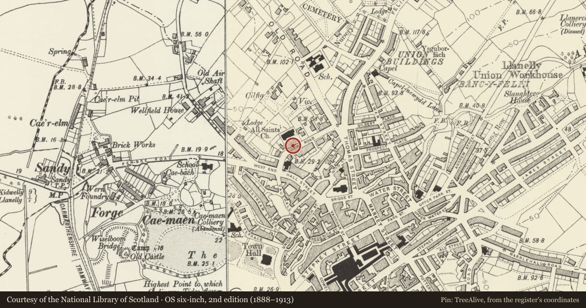 Ordnance Survey six-inch map, 2nd edition (1888–1913) covering the location of Churchyard Wall & Gates to All Saints Church, Llanelli, Carmarthenshire, with a pin at the register's coordinates