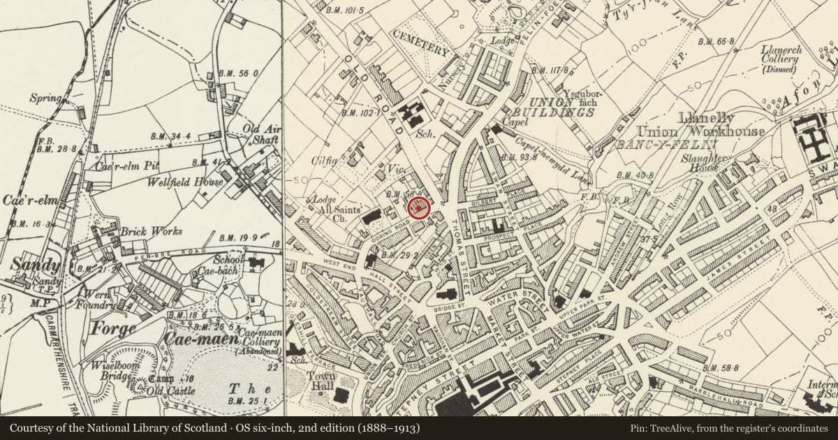 Ordnance Survey six-inch map, 2nd edition (1888–1913) covering the location of 13 Goring Road including forecourt gate and railings, Llanelli, Carmarthenshire, with a pin at the register's coordinates