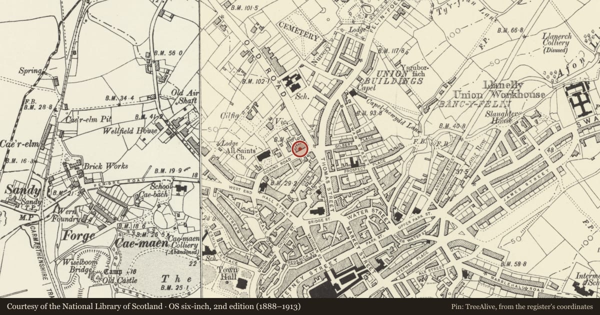 Ordnance Survey six-inch map, 2nd edition (1888–1913) covering the location of 15 Goring Road, Llanelli, Carmarthenshire, with a pin at the register's coordinates