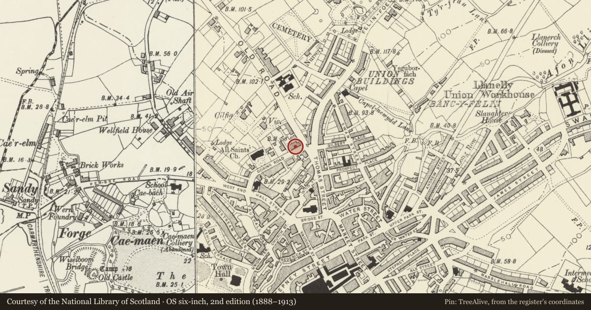 Ordnance Survey six-inch map, 2nd edition (1888–1913) covering the location of 17a Goring Road, Llanelli, Carmarthenshire, with a pin at the register's coordinates