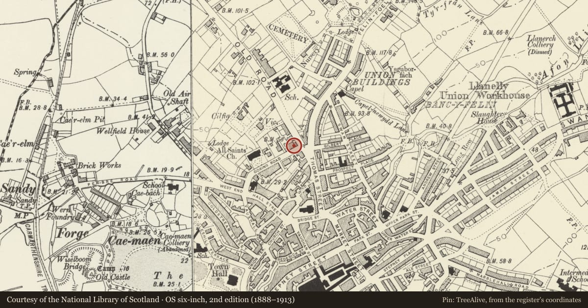 Ordnance Survey six-inch map, 2nd edition (1888–1913) covering the location of 17 Goring Road, Llanelli, Carmarthenshire, with a pin at the register's coordinates