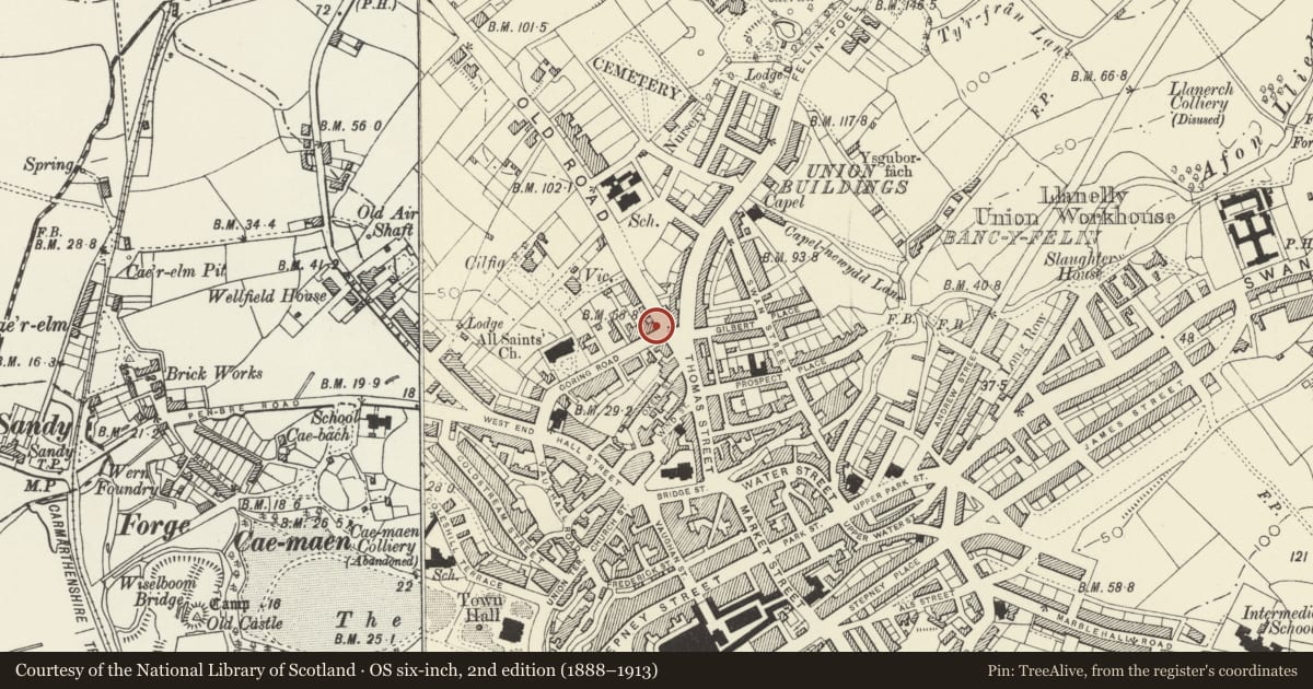Ordnance Survey six-inch map, 2nd edition (1888–1913) covering the location of 19 Goring Road, Llanelli, Carmarthenshire, with a pin at the register's coordinates