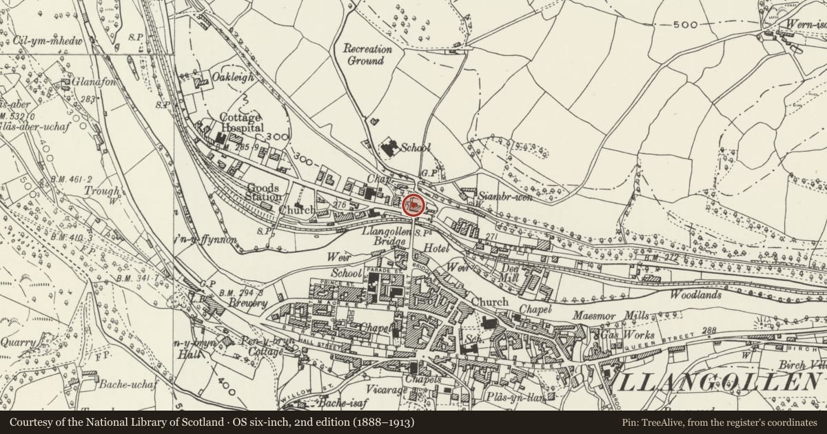 Ordnance Survey six-inch map, 2nd edition (1888–1913) covering the location of Welsh Crafts, Llangollen, Denbighshire, with a pin at the register's coordinates