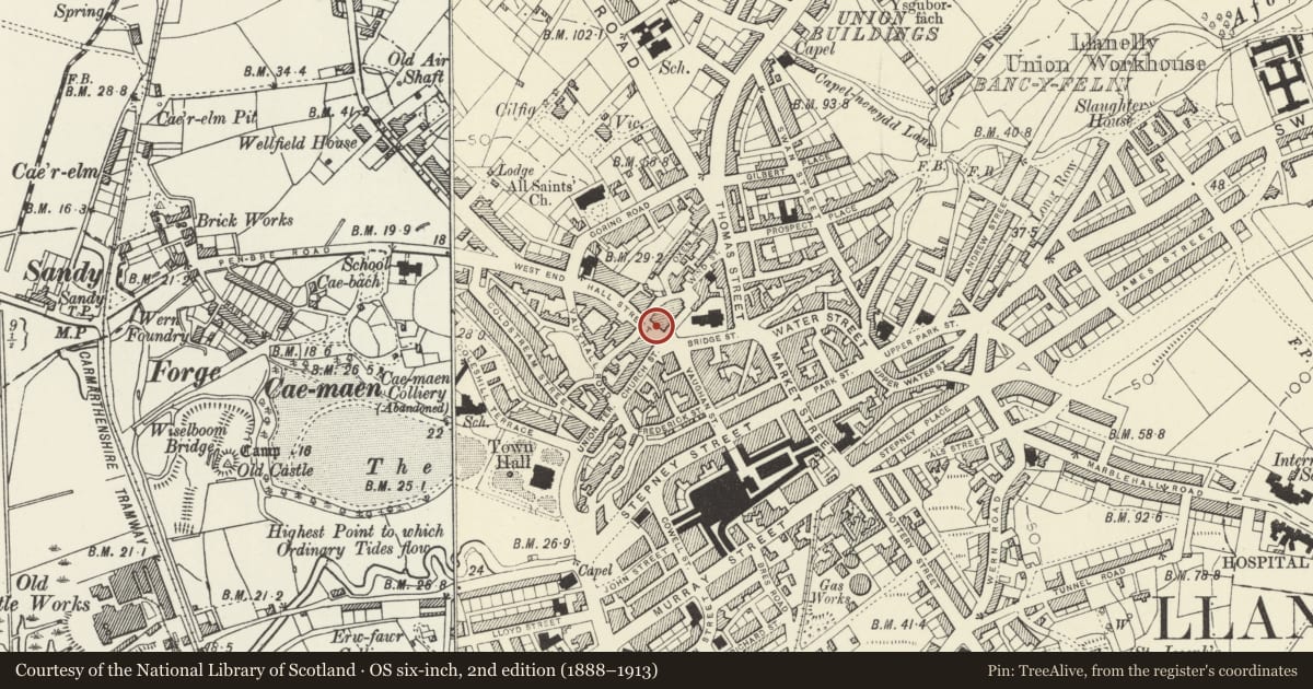 Ordnance Survey six-inch map, 2nd edition (1888–1913) covering the location of The Mansell Arms, Llanelli, Carmarthenshire, with a pin at the register's coordinates