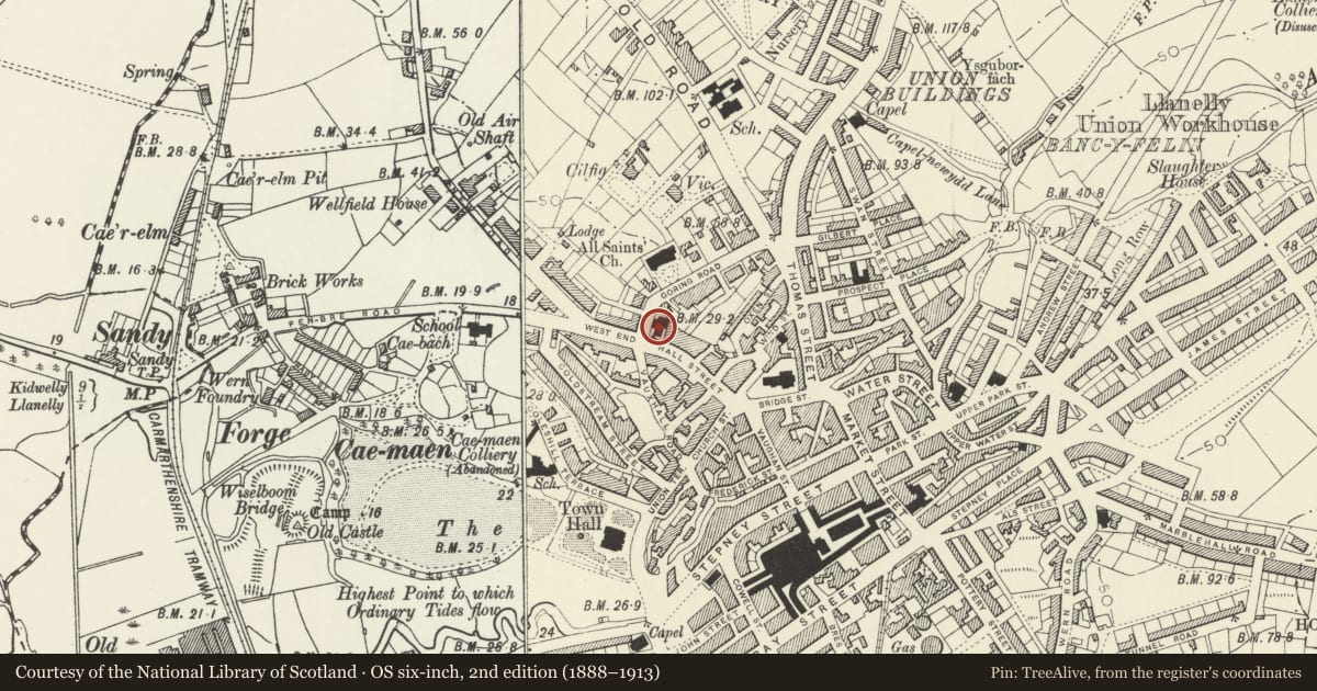 Ordnance Survey six-inch map, 2nd edition (1888–1913) covering the location of Hall Street Methodist Church, Llanelli, Carmarthenshire, with a pin at the register's coordinates