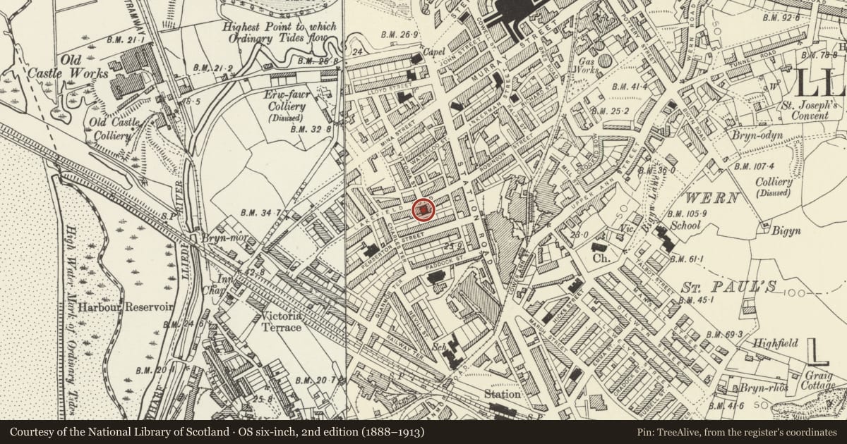Ordnance Survey six-inch map, 2nd edition (1888–1913) covering the location of Lakefield Community Centre (former Siloh CM Chapel) including forecourt gates & railings, Llanelli, Carmarthenshire, with a pin at the register's coordinates