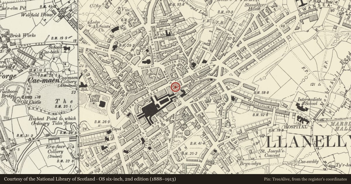 Ordnance Survey six-inch map, 2nd edition (1888–1913) covering the location of 20 Market Street, Llanelli, Carmarthenshire, with a pin at the register's coordinates
