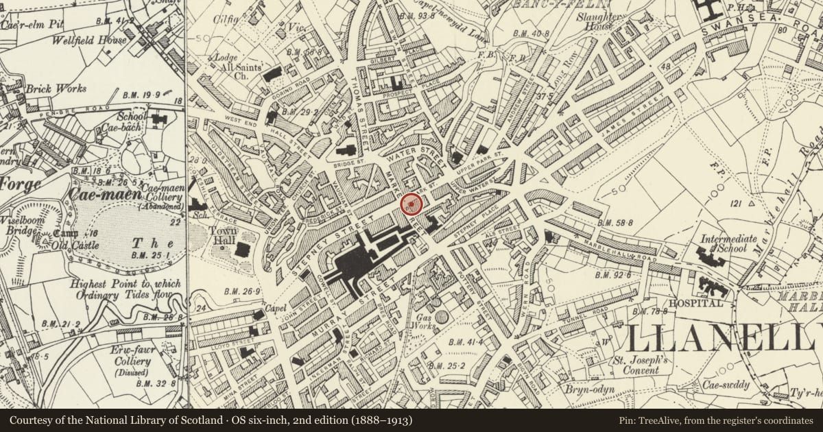 Ordnance Survey six-inch map, 2nd edition (1888–1913) covering the location of 24 Market Street, Llanelli, Carmarthenshire, with a pin at the register's coordinates